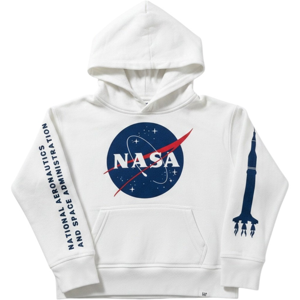 Gap NASA Hoodie Kids XS White Graphic Fleece Pullover‎ Space Rocket Sweatshirt